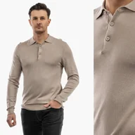 Swetry męskie - Sweter Męski Z Guzikami Elegancki Wiskoza Dopasowany Beżowy L Beżowy - miniaturka - grafika 1