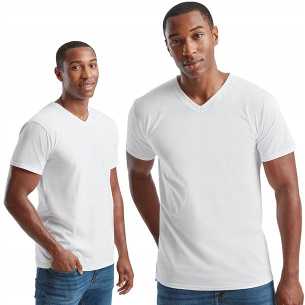 Koszulka Męska 100% Bawełna T-Shirt w serek FRUIT 610660 V-neck BIAŁY 5XL