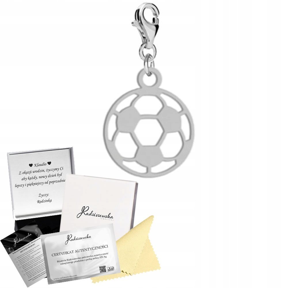 Charms Srebrny Piłka Nożna Karabińczyk Srebro 925 Prezent DEDYKACJA GRATIS
