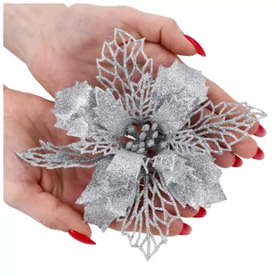 Gwiazda Betlejemska Poinsecja Brokatowa Srebrna - Ozdoby bożonarodzeniowe - miniaturka - grafika 1