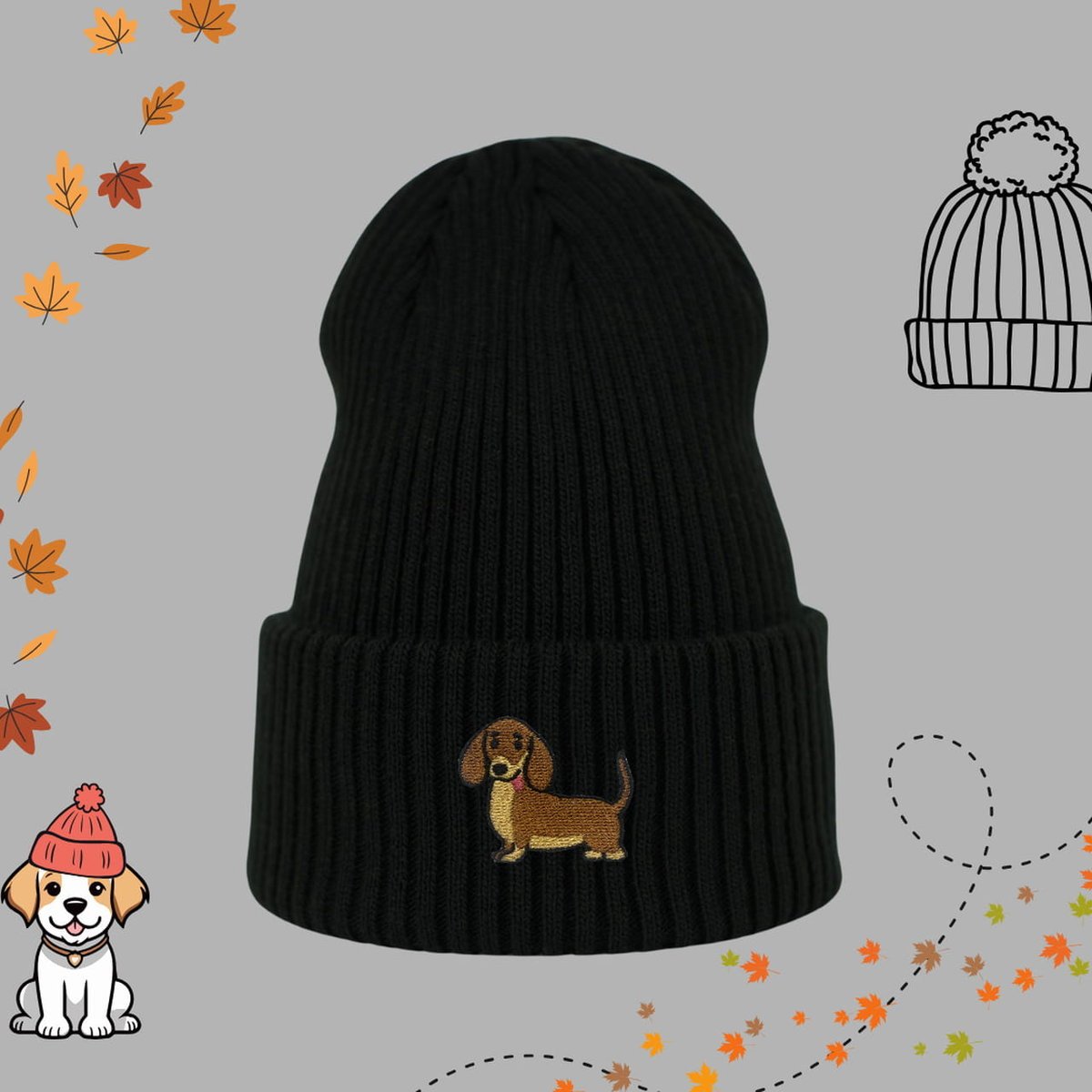 Haftowana czapka beanie - JAMNIK - czarna