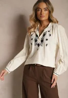 Koszule damskie - Beżowa Bawełniana Koszula ze Stójką Guzikami i Ozdobnym Haftem Gonnalia - miniaturka - grafika 1