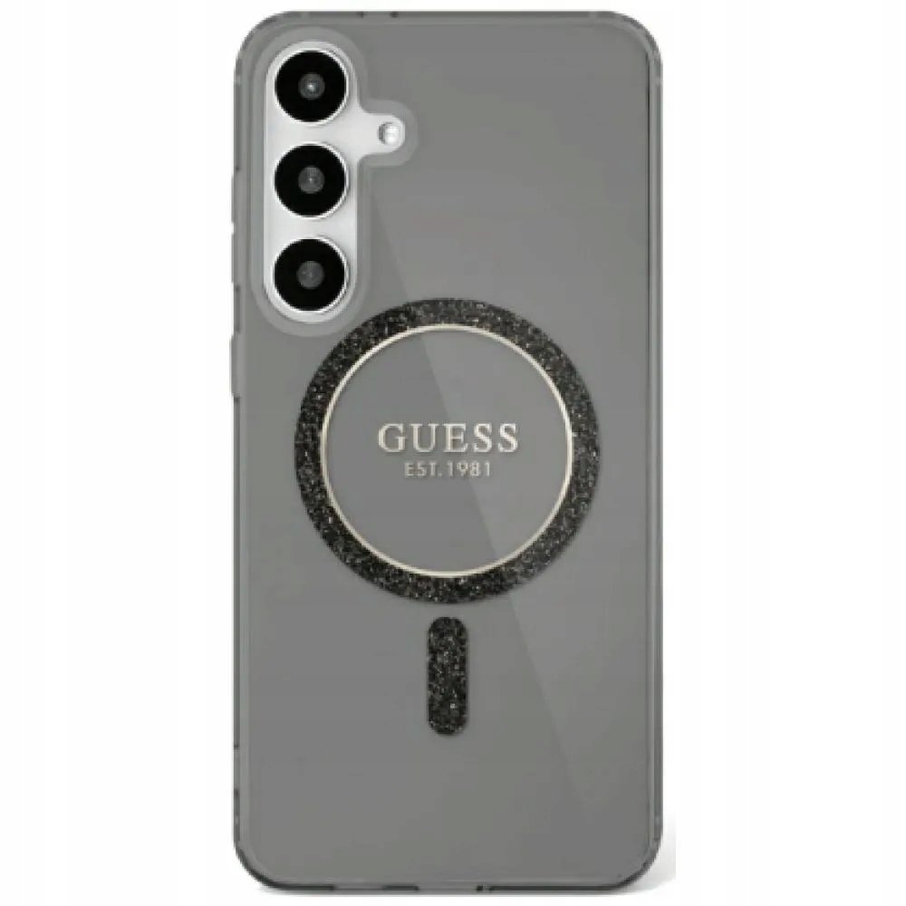 Guess Etui Glitter Circle Classic Logo do MagSafe do Galaxy S25, czarne