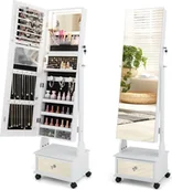 Szafki łazienkowe - COSTWAY Szafka na biżuterię z 3 lustrami, regulowane lustro na biżuterię z szufladą, kółkami i oświetleniem, zamykana 42x35x159cm (biała) - miniaturka - grafika 1