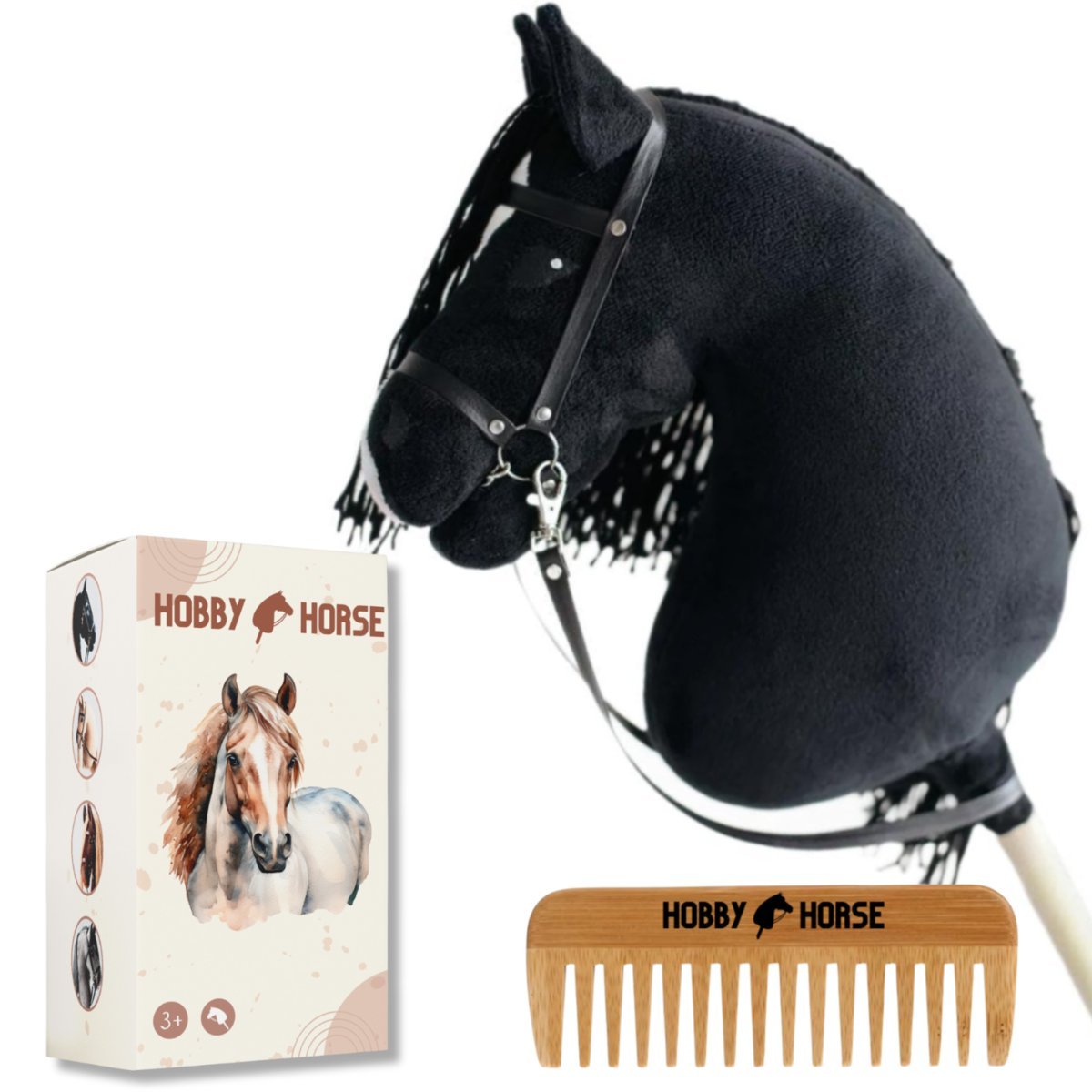 HOBBY HORSE KOŃ NA KIJU KONIK GŁOWA KONIA CZARNY + GRZEBIEŃ + PUDEŁKO [M-HORSE2-P]