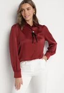 Koszule damskie - Bordowa Koszula z Bufiastymi Rękawami Ozdobnym Kołnierzykiem i Broszką Gonadria - miniaturka - grafika 1