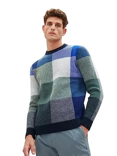 Swetry męskie - TOM TAILOR sweter męski, 32311 - Blue Colorful Block Check, 3XL - grafika 1
