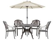 Meble ogrodowe - Zestaw ogrodowy metalowy stół i 4 krzesła brązowy SALENTO z parasolem (16 opcji do wyboru) - miniaturka - grafika 1