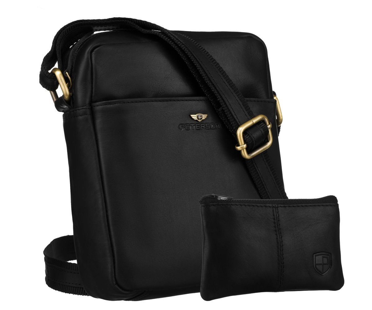 Mała torebka męska skórzana PETERSON listonoszka na co dzień jednokomorowa kieszonki na suwak regulowany pasek na ramię czarna + etui na klucze