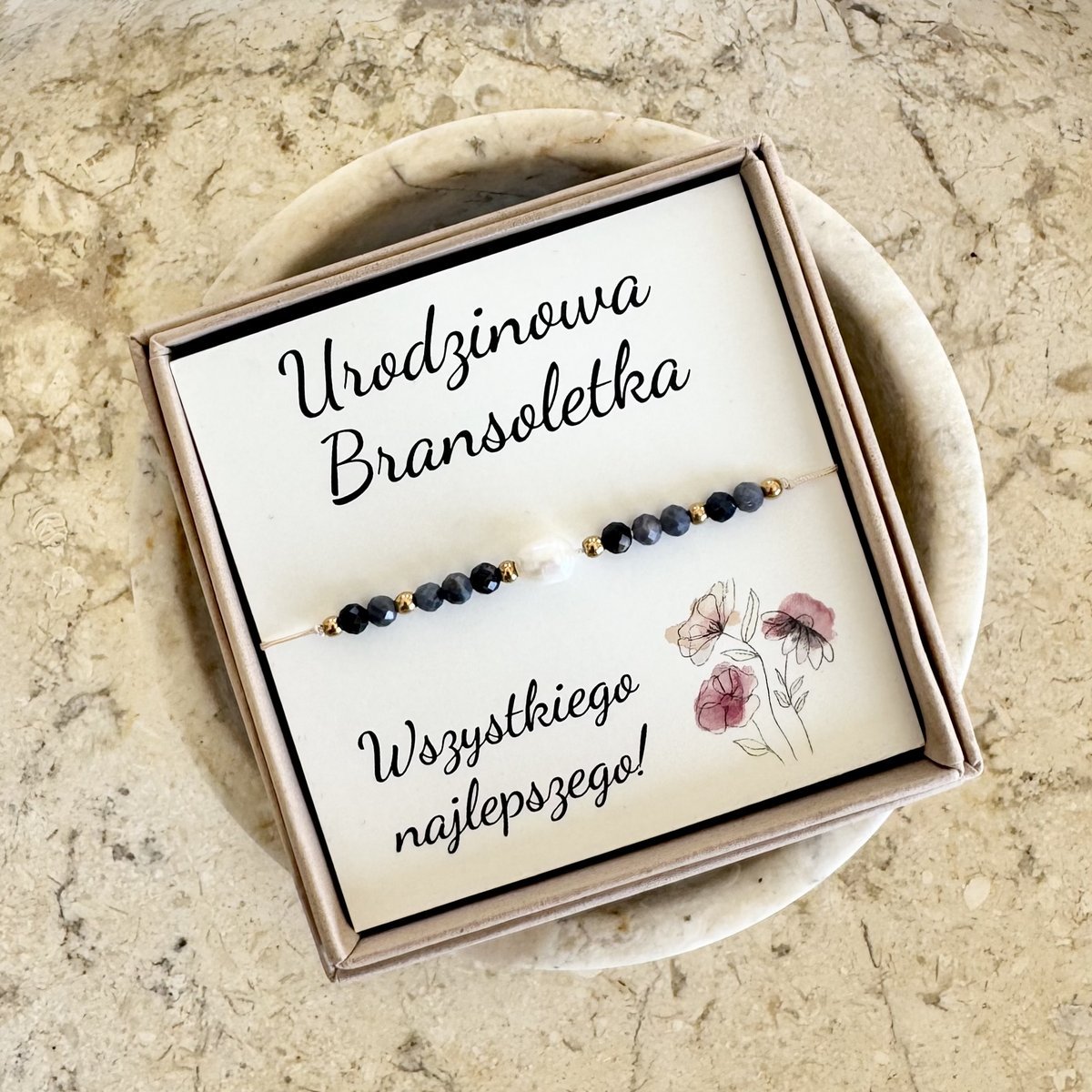 Bransoletka Szafir z Perełką – Kamień Września Panna, Waga Bransoletka Regulowana Prezent Urodzinowy dla Niej