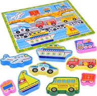 Układanki dla dzieci - Jokomisiada Drewniana układanka puzzle transport pojazdy 9ele dopasuj kształty ZA5257 - miniaturka - grafika 1