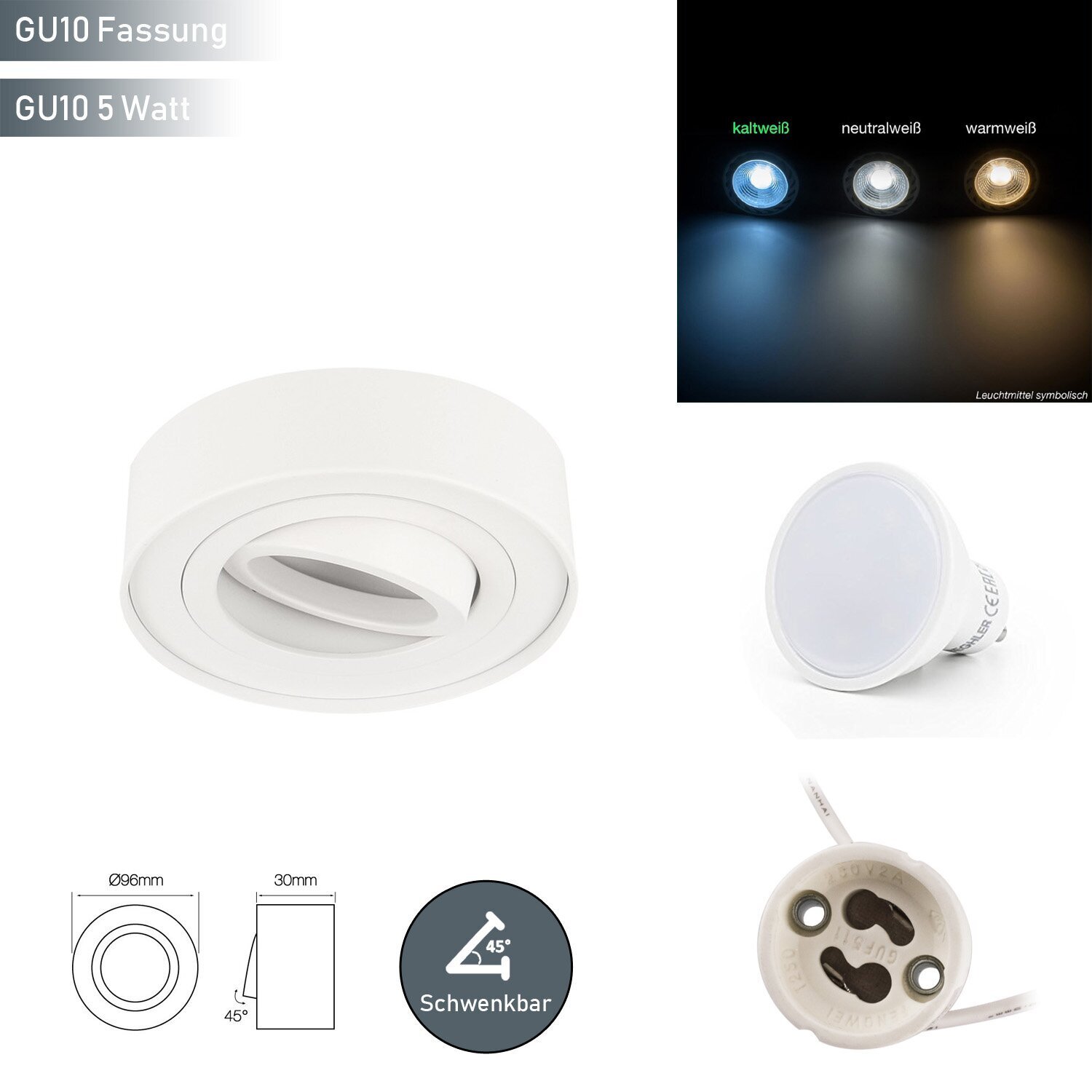 Lampa sufitowa liniowa LED ROLLO MIDI reflektor wpuszczany natynkowy podtynkowy obrotowy 45° okrągły biały wykonany z aluminium z gniazdem GU10 5W barwa światła chłodna biel
