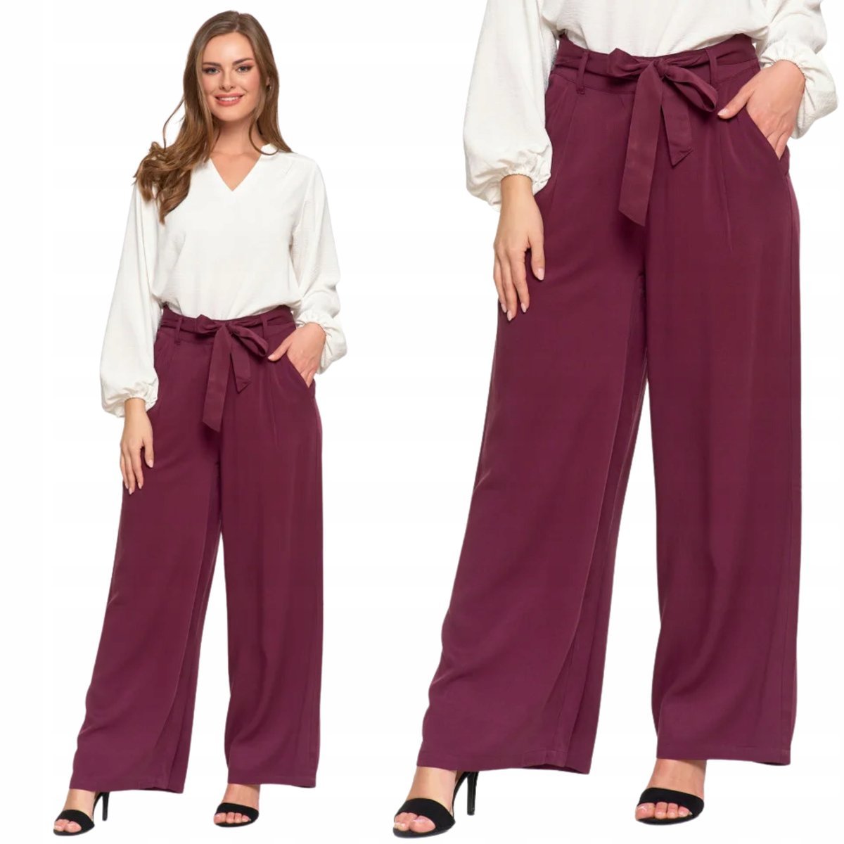 SPODNIE SZEROKIE DAMSKIE Z WYSOKIM STANEM ELEGANCKIE WISKOZA MORAJ XL PURPLE