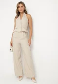 Komplety damskie - Beżowy Komplet Garniturowy Kamizelka na Szyję i Szerokie Spodnie Darelna - miniaturka - grafika 1