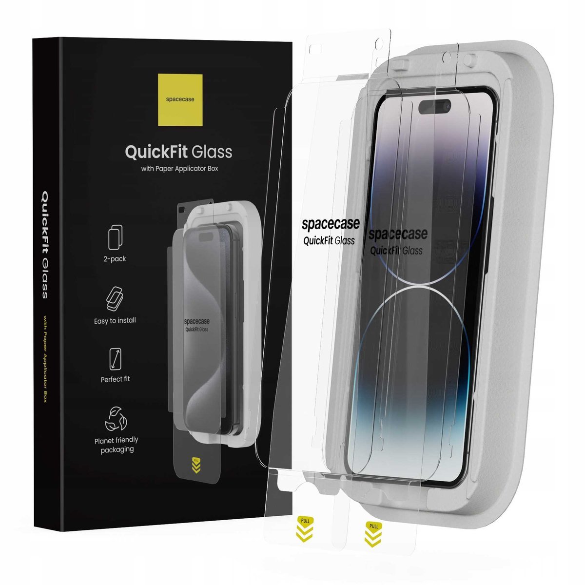 2x SZKŁO NA EKRAN Spacecase QuickFit Glass do iPhone 14 Pro Max + INNOWACYJNY APLIKATOR SZYBKI MONTAŻ