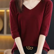 Swetry damskie - TEMU Wąska Bluzka z Dekoltem w Serek i Krótkim Rękawem - Burgundowa Czerwień, Lśniące Włókno, Odporna na Zagniecenia, Elegancka Koszula na Każdą Porę - miniaturka - grafika 1