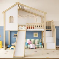 Łóżka dla dzieci i młodzieży - Łóżko piętrowe 90x200 cm - ze schowkiem - ze zjeżdżalnią - z barierkami zabezpieczającymi - kolor naturalny + biały (materac nie jest wliczony w cenę) - miniaturka - grafika 1