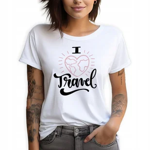Koszulka Damska Biała T-Shirt rozmiar L I LOVE TRAVEL Podróż Wiele Wzorów - Zestawy upominkowe - miniaturka - grafika 1