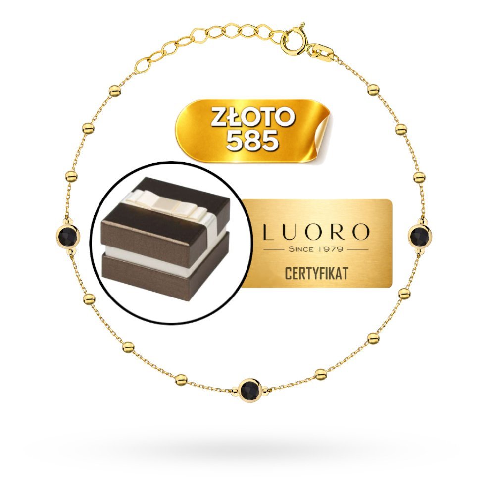BRANSOLETKA ZŁOTA 585 14K KULKI CZARNE KAMIENIE KÓŁKO REGULOWANA 20 CM