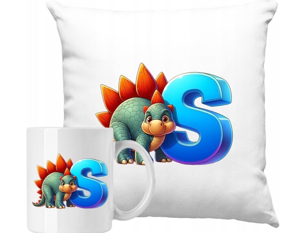 ZESTAW PODUSZKA + KUBEK Dino Dinozaur Litera S Pomysł Na Prezent +IMIĘ