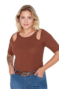Trendyol Damska damska damska szczupła bodycon okrągły dekolt dzianina plus size bluzka koszula, brązowa, XL, Brązowy, XL - Body - miniaturka - grafika 1