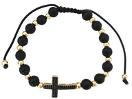 Bransoletki - Bransoletka złota 585 krzyżyk z czarnymi cyrkoniami i kulkami na sznurku - miniaturka - grafika 1