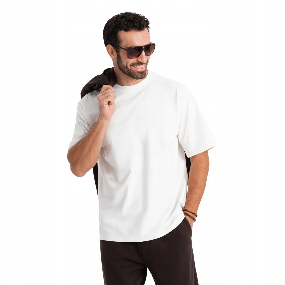 Męski bawełniany t-shirt kremowy wygodny luźny Ombre OM-TSBC-0234 V2 r. XXL