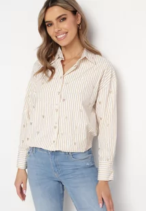 Jasnobeżowa Bawełniana Koszula w Paski z Haftowanymi Sercami Larnieka - Koszule damskie - miniaturka - grafika 1