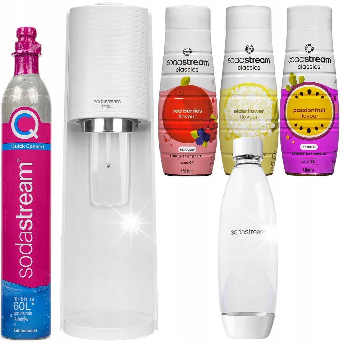 SATURATOR DO WODY SODASTREAM TERRA BIAŁY BUTELKA + 3x SYROP BEZ CUKRU