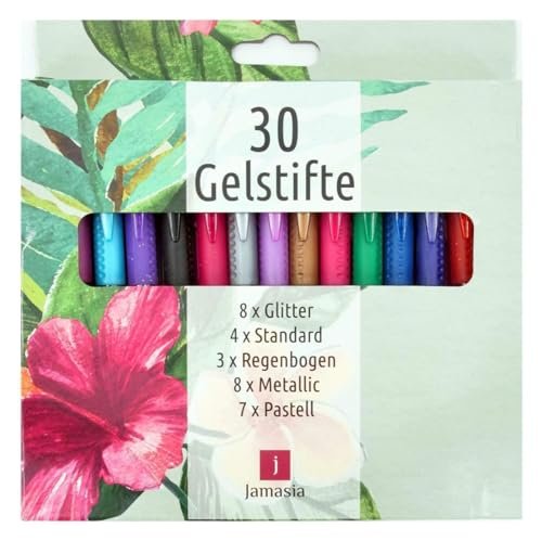 TerCasa 998701 zestaw 30 długopisów żelowych, etui z 30 długopisami żelowymi z brokatem, tęczą, metaliczne, standardowe i pastelowe efekty kolorystyczne, 30 żelowych pisaków do miękkiego pisania i