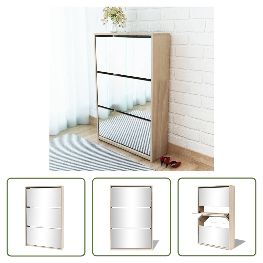 The Living Store Szafka na buty z 3 przegrodami lustro dąb 63x17x102,5 cm