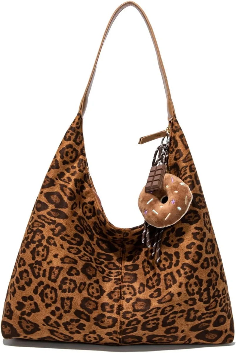 TORBA DAMSKA HOBO ZAMSZOWA DUŻA NA RAMIĘ VINTAGE PANTERKA SHOPPER CENTKI
