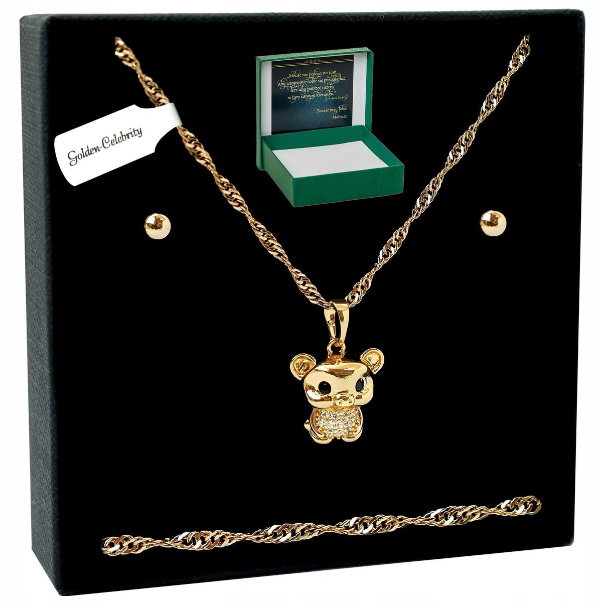 Złoty Komplet Biżuterii Stal Chirurgiczna Miś Z Cyrkoniami + Kolczyki 45 Cm