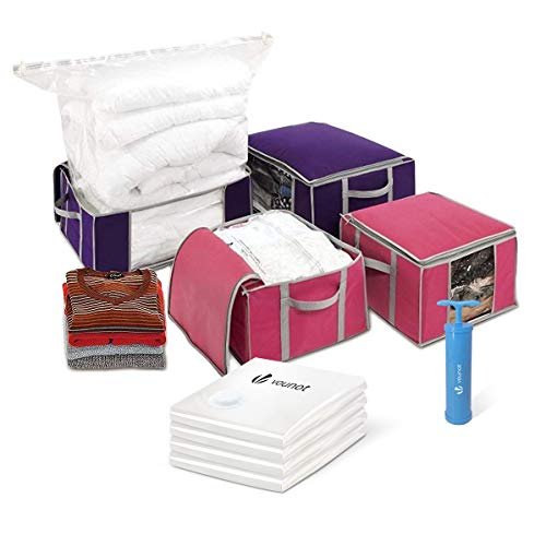 VOUNOT 4 szt. Worki do odkurzacza, 4 szt. Woreczki do przechowywania z uchwytem i zamkiem błyskawicznym na ubrania, kołdry, pościel
