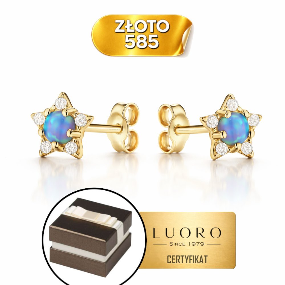 KOLCZYKI ZŁOTE 585 14K GWIAZDKI Z CYRKONIĄ I OPALITEM SZTYFT PREZENT