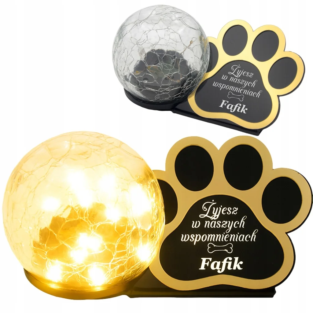 ZNICZ SOLARNY LED dla Psa/Kota statuetka serce grawer IMIĘ lampka 3D łapa