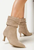 Botki damskie - Ciemnobeżowe Botki na Niskim Obcasie Typu Kaczuszka z Marszczoną Cholewką Destin - miniaturka - grafika 1