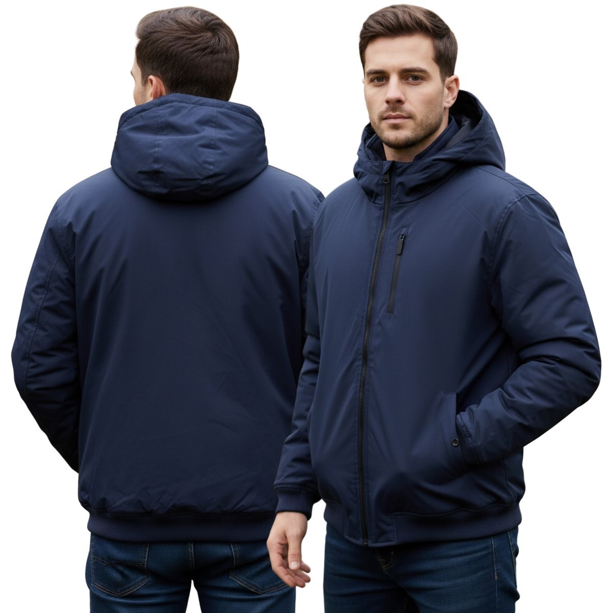Granatowa kurtka MĘSKA, zapinana na zamek, Z KAPTUREM, ocieplana podszewka L
