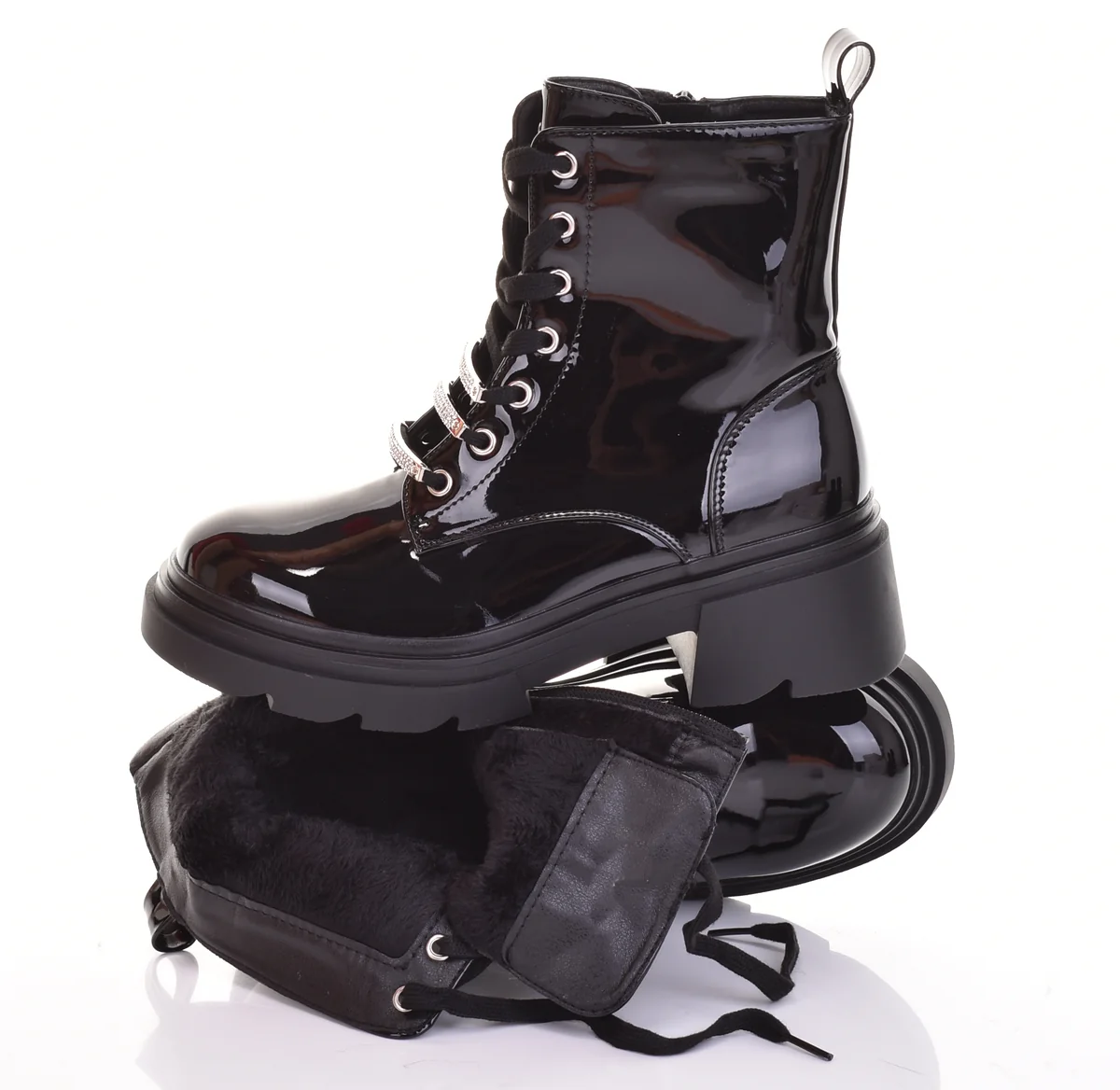 DAMSKIE BOTKI LAKIEROWANE WORKERY CZARNE TRAPERY BUTY NA JESIEŃ ZIMĘ