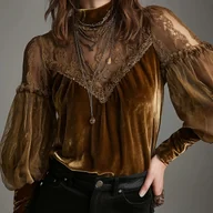 Koszule damskie - TEMU Retro Złota Aksamitna Koszula z Koronkowymi Rękawami Lampionowymi, Modna, Temperamentowa, Wygodna i Luźna Koszula, Idealna do Dojazdów do Pracy, - miniaturka - grafika 1