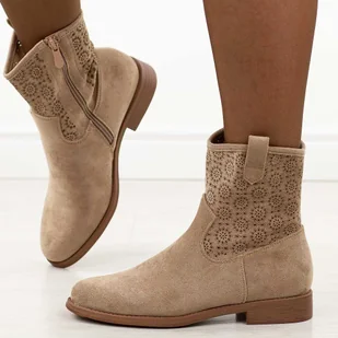 Beżowe jesienne zamszowe ażurowe botki damskie S.Barski 52-530 - S.BARSKI - Botki damskie - miniaturka - grafika 1