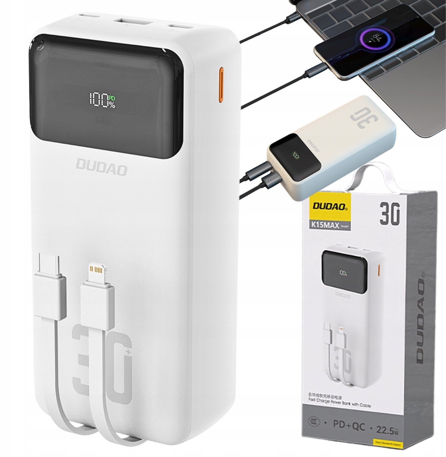 Dudao K15Max 30000mAh PD 22.5W z kablami USB-C i Lightning Biały