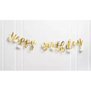 Baner Happy Birthday z kwiatami złoty - Dekoracje sali - miniaturka - grafika 1