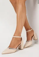 Czółenka - Beżowe Czółenka na Słupku z Zapięciem wokół Kostki z Cyrkoniami Saane - miniaturka - grafika 1