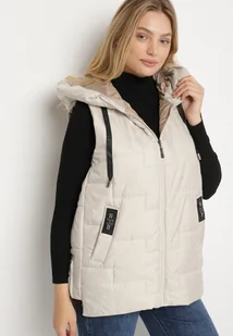 Jasnobeżowa Pikowana Kamizelka z Kapturem i Sznurkami Imvila - Kamizelki damskie - miniaturka - grafika 1
