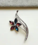 Broszki - PIĘKNA SREBRNA BROSZKA KWIAT KWIATEK CYRKONIE BIAŁE RÓŻOWE NIEBIESKIE PIN - miniaturka - grafika 1