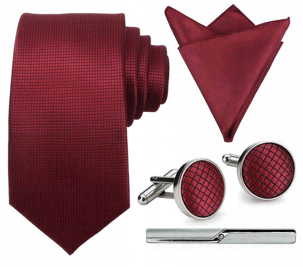 Zestaw męski w pudełku - krawat + poszetka + spinki do mankietów + spinka do krawata BORDOWY