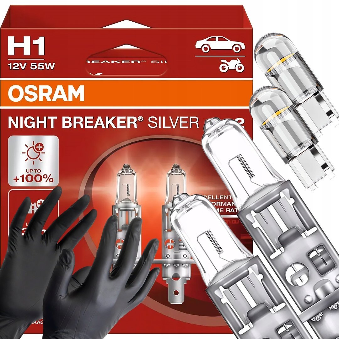 Żarówki Osram H1 Night Breaker Silver +100% W5W Led Clear Rękawiczki