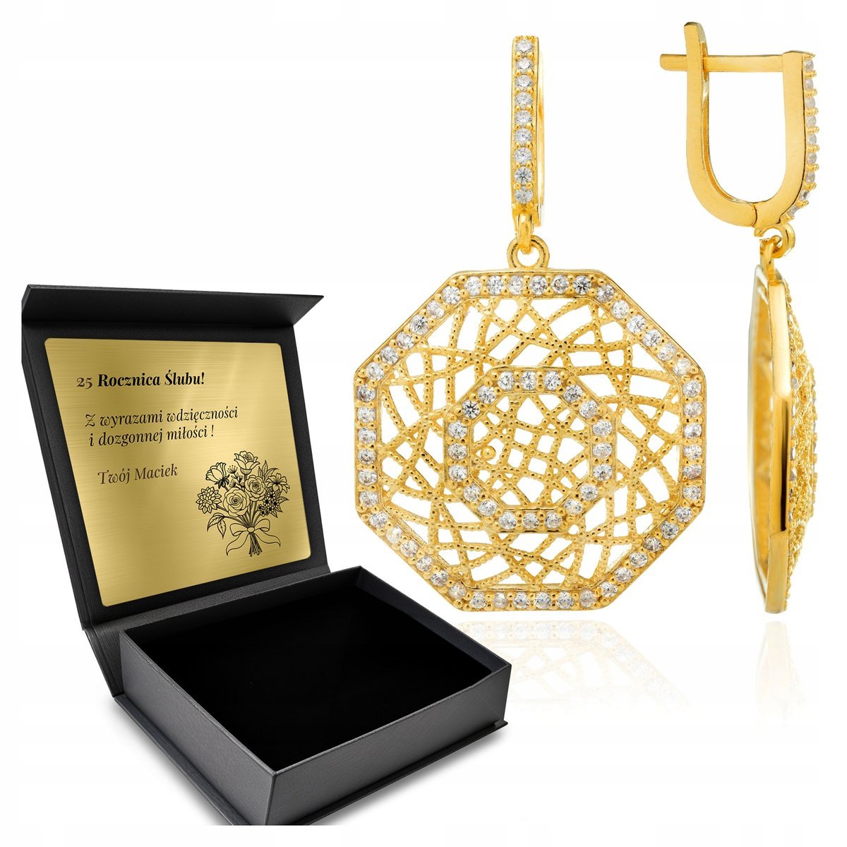 Kolczyki Złote Cyrkonie Biżuteria Dla Kobiety Srebrna 925 + Grawer