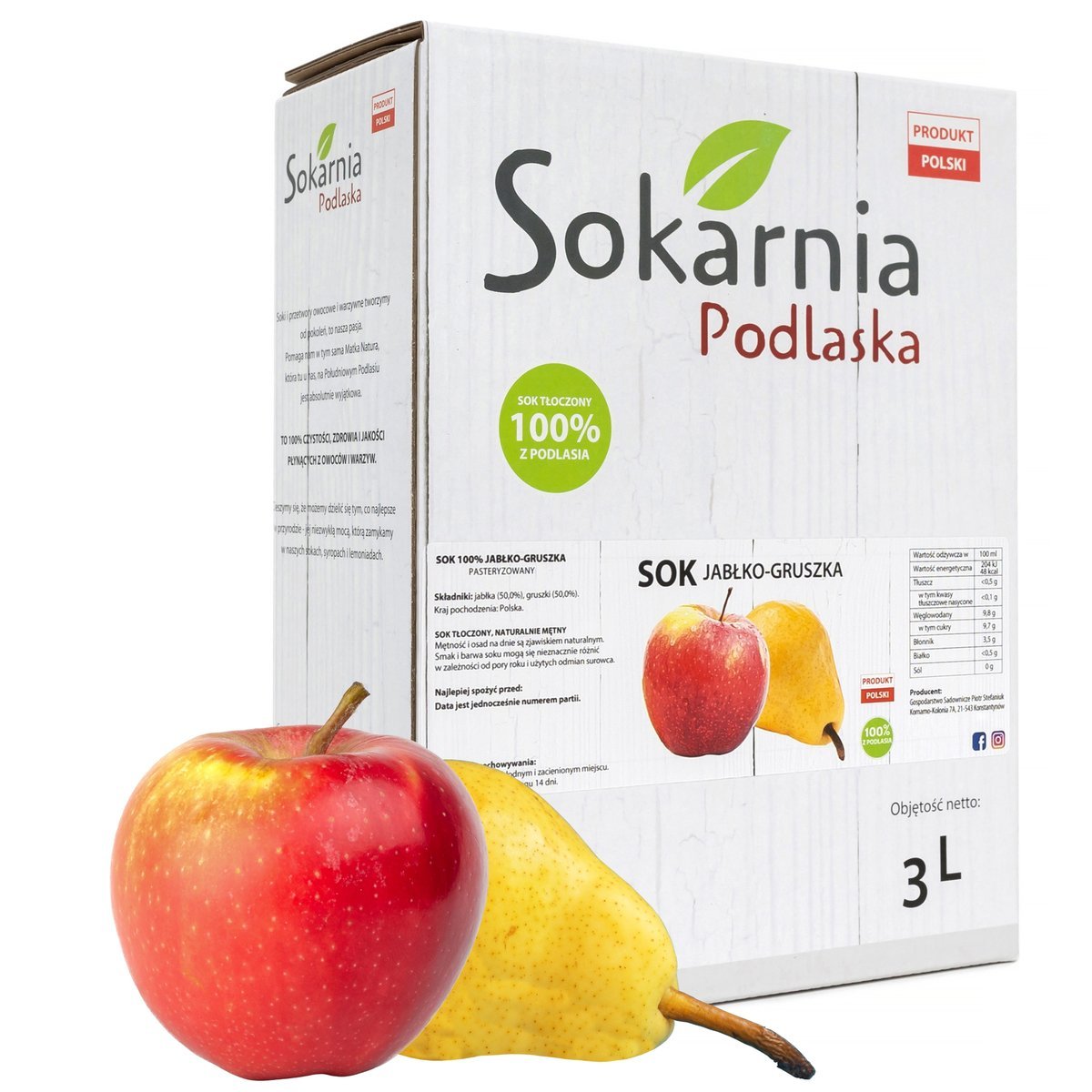 SOK JABŁKO GRUSZKA 3L 100% Tłoczony Naturalny Smak Źródło Witamin Bez Cukru